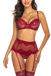 Wine Mesh Embroidered Gartered Three Piece Lingerie Areous